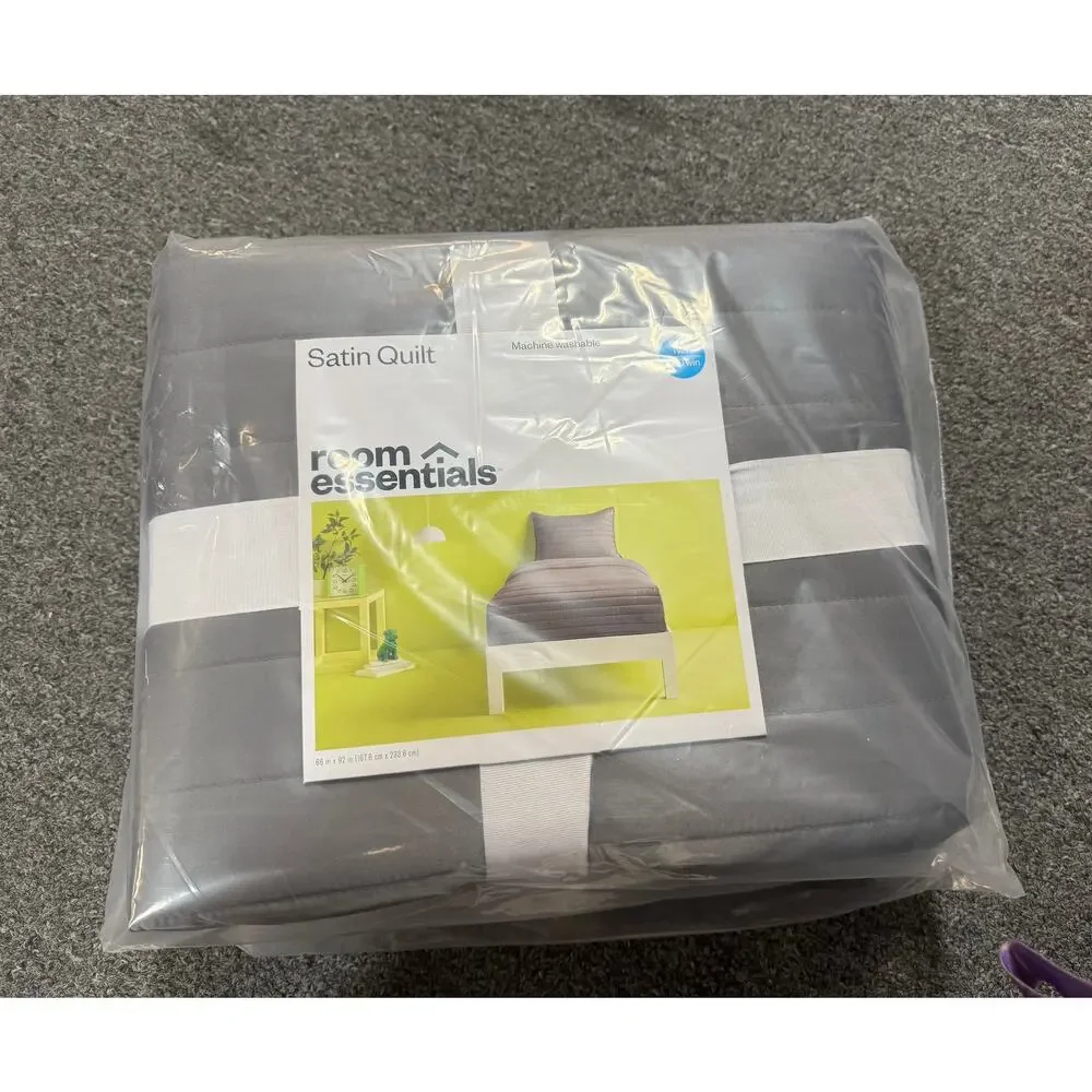 NWT Twin/Twin Extra Long Satin Quilt Dark Gray - Room Essentials™: